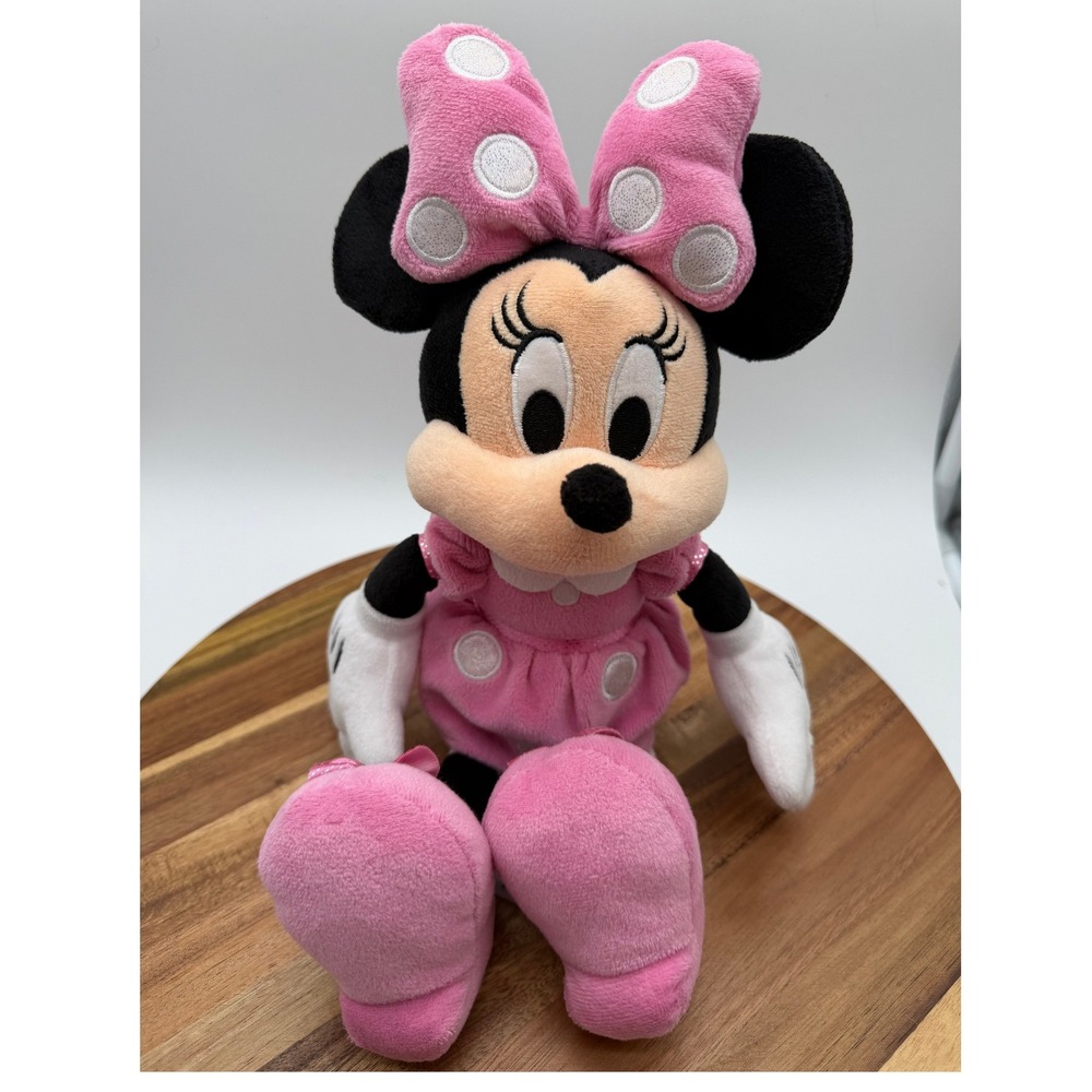 Disney Minnie Mouse Plush Pink Polka Dot Dress Bow Stuffed Animal Toy 14 inch